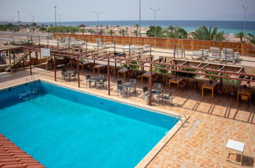 The swimming pool at Darna Divers Village, overlooking the Gulf of Aqaba